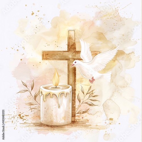 Flying dove birds with cross for baptism or first communion card Isolated on watercolor green splashes stains background