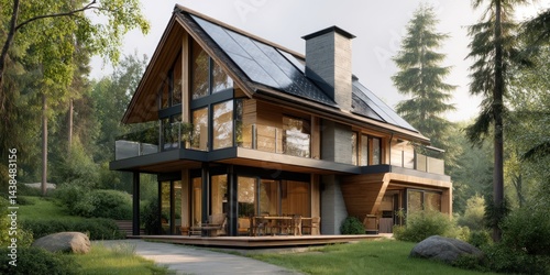 Modern wooden house nestled in a serene forest
