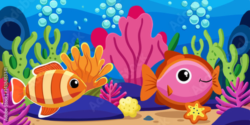 Colourful tropical fish swimming in a vibrant aquarium with coral, seaweed, and bubbles