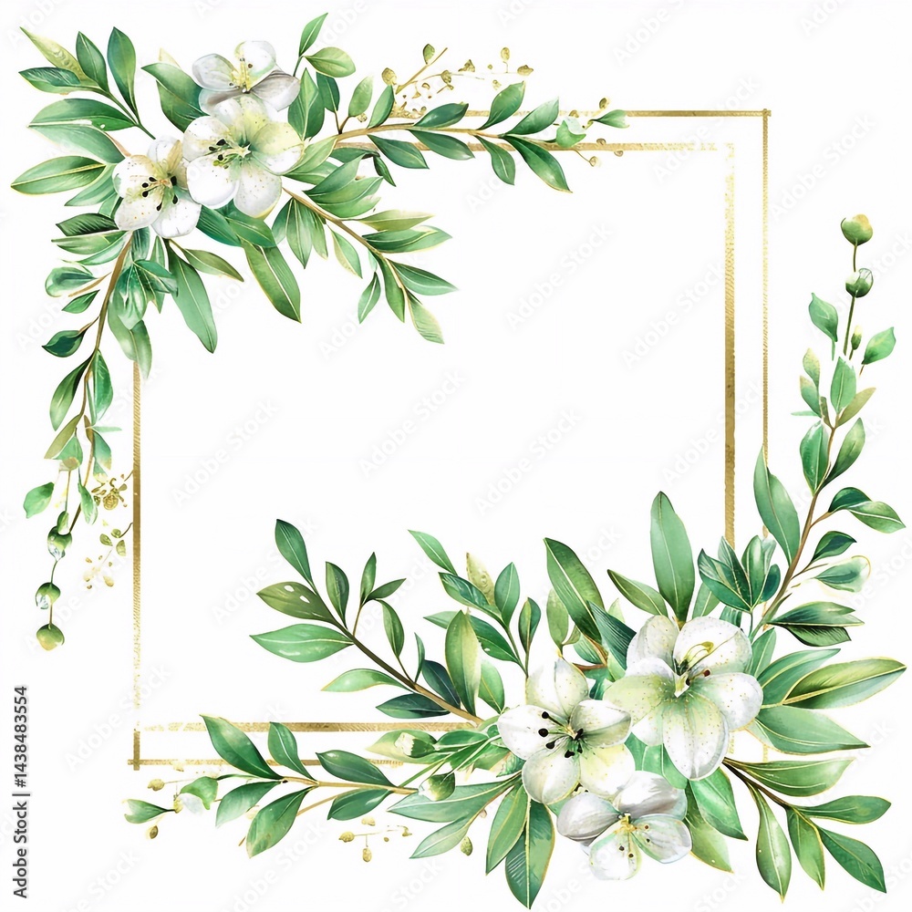Graphic Spring Floral Arrangements, Golden frame and foliage watercolor on white background Graphic Spring Floral Arrangements, Golden frame and foliage watercolor on white background