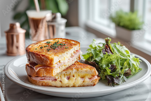 Classic croque monsieur sandwich with melted cheese and ham, served alongside a fresh green salad.

