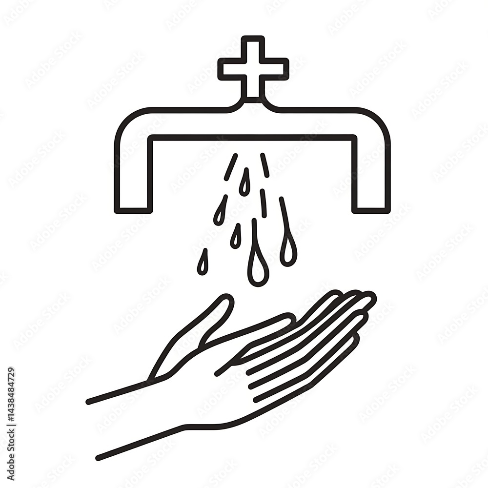 Washing Hands Illustration: Cleanliness and Hygiene Concept with Water Droplets and Hand Outline, Promoting Prevention and Good Practices.