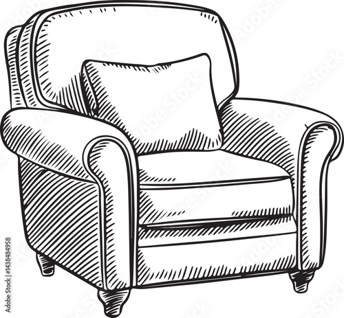 A black and white continuous line art drawing of a cozy upholstered armchair with a soft pillow isolated on a white background in a simple linear sketch elegant and minimalistic