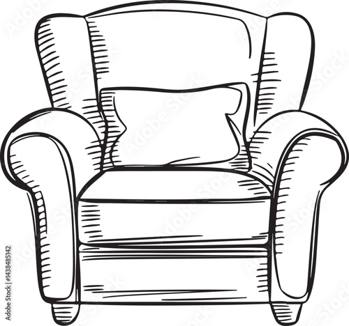 A minimalist black and white continuous line art of a comfortable upholstered armchair featuring a cushion isolated on a clean white background perfect for modern interior design