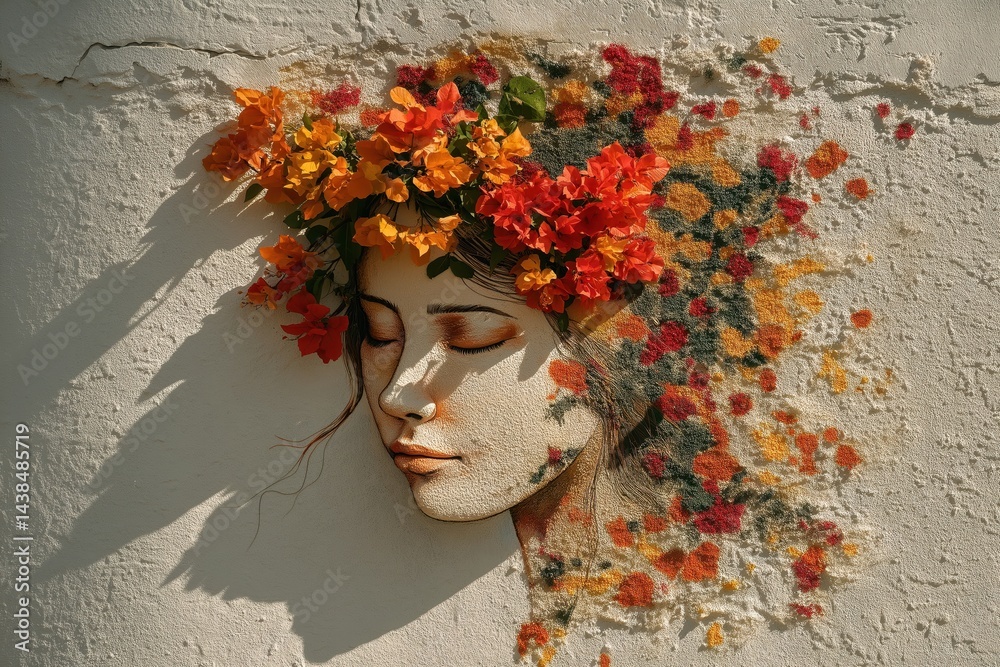 Fototapeta premium Girl’s mural merges with cascading flowers, blurring lines between art and life