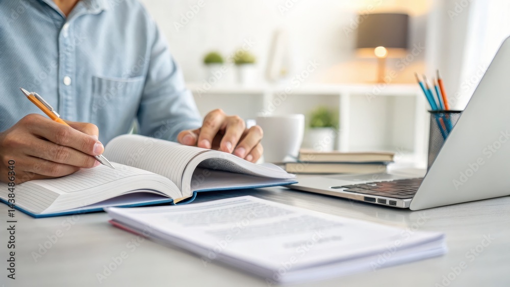 professional development workshop efficiency Concept. A person studying at a desk with books, a laptop, and stationery. professional development workshop efficiency Concept. A person studying at a desk with books, a laptop, and stationery.