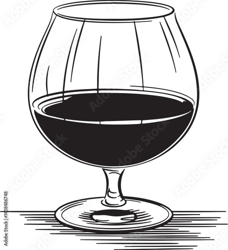 A simple black linear continuous line art of an elegant cognac or brandy snifter glass beautifully isolated on a white background created in a clean and minimalist vector style