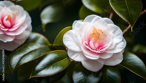 camellia japonica japanese camellia or common camellia white flowers with pink stripes