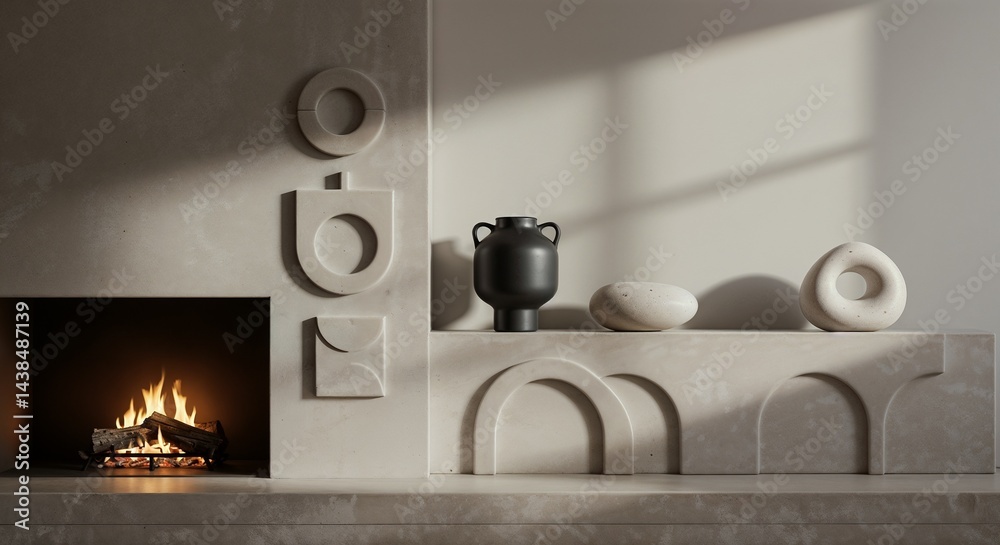 Minimalist interior with a fireplace and modern decorative objects in soft lighting