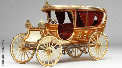 Ornate antique carriage, wood & gold, red interior