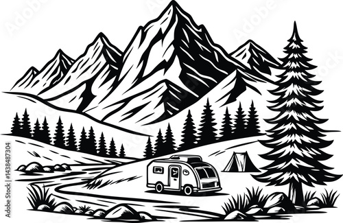 Monochrome Mountain Landscape Illustration – Hand-Drawn Wilderness Scene with RV & Tent Camping