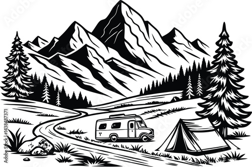 Monochrome Mountain Landscape Illustration – Hand-Drawn Wilderness Scene with RV & Tent Camping