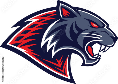 Fierce panther mascot with aggressive snarling feline and stylized sports logo in dark blue and red color with sharp teeth bared and glowing red eyes in sleek vector illustration