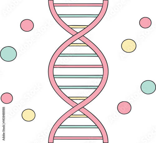 Colorful DNA helix illustration with pastel colors and hand drawn minimalist style for educational biology and science art 