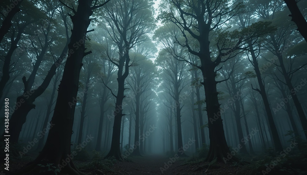 Fototapeta premium Enigmatic Forest Path Shrouded in Misty Dawn