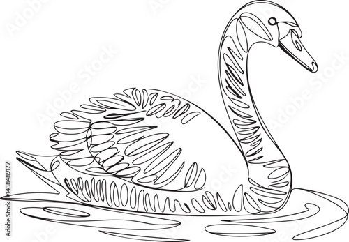 A serene black and white continuous line art drawing of a beautiful swan gliding peacefully across the water surface isolated on a white background for elegant minimalist designs