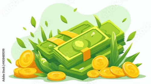 Vibrant Illustration of Stacks of Money Surrounded by Coins and Greenery in a Cheerful Setting