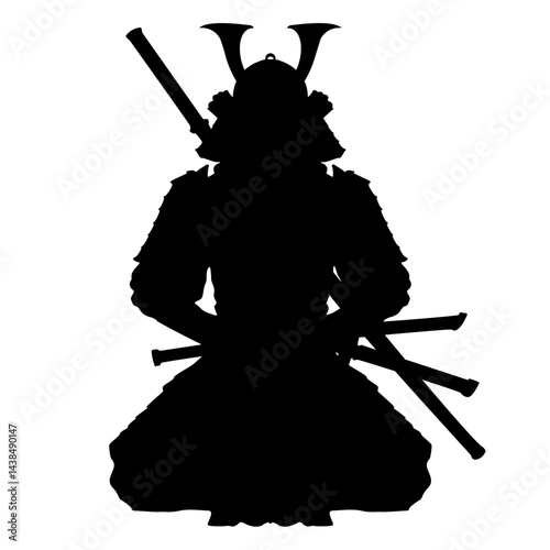 Meditating japanese samurai warrior with swords silhouette isolated over white background.Calm samurai sitting in lotus posture of yoga in a zen meditating mode.Samurai meditation icon eps10 vector.