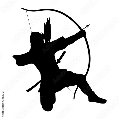 Samurai warrior with bow and arrow aiming at target or enemy.Japanese samurai warrior archer aiming longbow silhouette graphic icon isolated white background.Traditional archer with drawn bow icon.