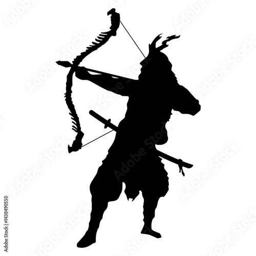 Samurai warrior with bow and arrow aiming at target or enemy.Japanese samurai warrior archer aiming longbow silhouette graphic icon isolated white background.Traditional archer with drawn bow icon eps
