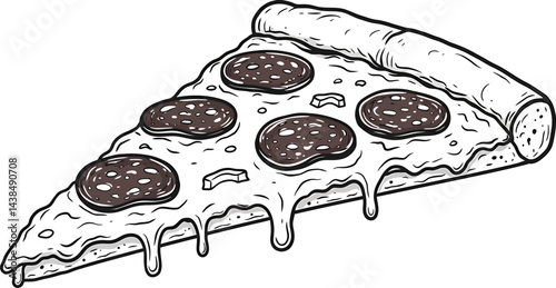 Vector Pizza Slice with Pepperoni - Black and White