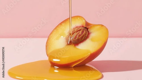 Drizzling honey on a halved peach kitchen counter food photography minimalist environment close-up viewpoint freshness concept