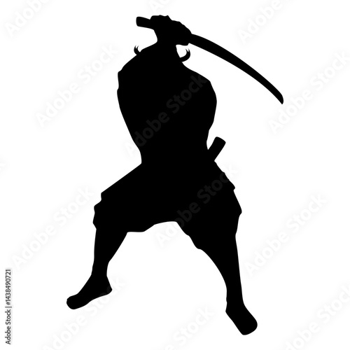 Silhouette of samurai in a fighting stance with swords and armour isolated over white background.Japanese brave samurai warrior in a powerful stance ready for combat vector graphic illustration eps10.