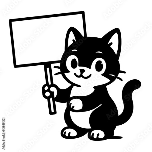 Cartoon Cat Animal Holding Blank Sign on Stick - Black and White Illustration for Animals, Pets, or Graphic Themes