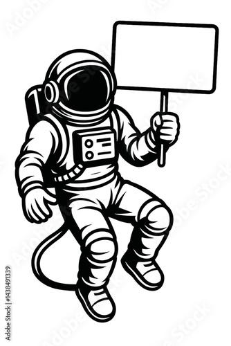 Astronaut Figure Holding Blank Sign - Black and White Illustration for Space, Science, Exploration, or Graphic Themes