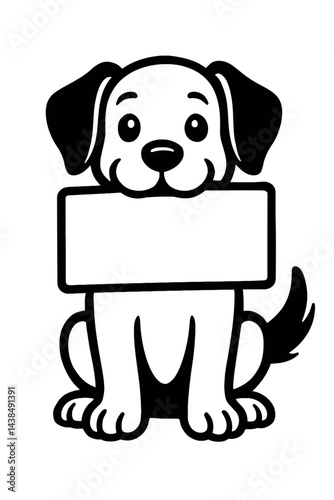 Cartoon Dog Character Holding Blank Sign - Black and White Illustration for Animals, Pets, or Graphic Themes