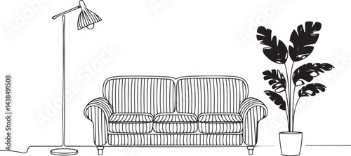A clean continuous line art drawing of a stylish modern living room setup with a cozy sofa standing lamp and a pot with a flower isolated on a white background minimalist design