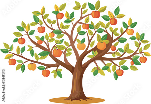 A vibrant vector art illustration featuring a neatly pruned fruit tree, showcasing lush green leaves and colorful, ripe fruits in detail.