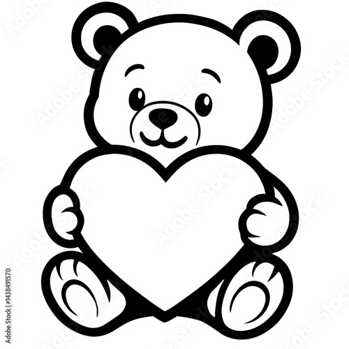 Cartoon Teddy Bear Character Holding Blank Heart - Black and White Illustration for Love, Gifts, Toys, or Graphic Themes