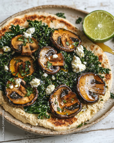Roasted Mushroom and Kale Hummus Flatbread
