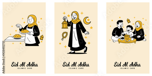vertical vector banner illustration for Eid al-Adha, featuring a woman preparing an Eid feast, a woman smiling while holding a lantern, and a joyful family sitting together for an Eid meal
