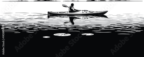 Kayak on Calm Lake - Black and White Vector Illustration