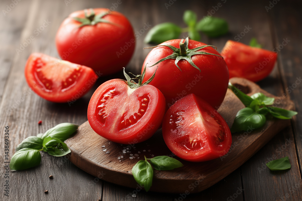 Fresh red tomatoes sliced and whole on a rustic board, accented with green basil leaves.
Fresh red tomatoes sliced and whole on a rustic board, accented with green basil leaves.
