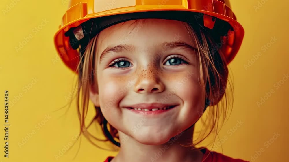 Smiling girl in construction helmet with joyful expression against yellow background Smiling girl in construction helmet with joyful expression against yellow background