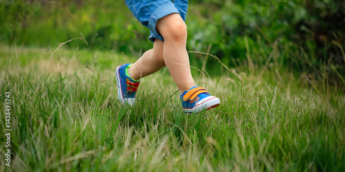 A small child's feet in bright sneakers run joyfully across a grassy field, kicking up grass amidst vibrant greenery.