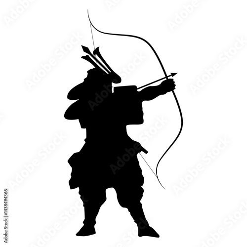 Samurai warrior with bow and arrow aiming at target or enemy.Japanese samurai warrior archer aiming longbow silhouette graphic icon isolated white background.Traditional archer with drawn bow icon.