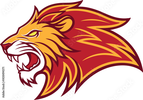 Fierce lion head logo vector silhouette black with vibrant orange and red mane and intense yellow eyes 
