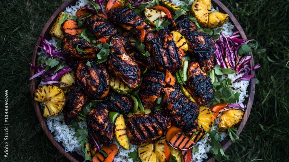 Fototapeta premium Grilled chicken and vegetables served over rice