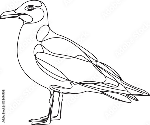 Continuous line art drawing of a seagull perched on a rock by a peaceful body of water with mountains trees and clouds in the background in a clean minimalist black linear style