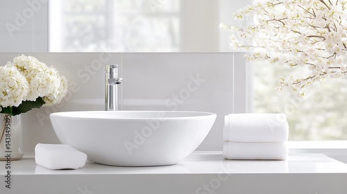 Modern, pristine bathroom sink vanity with white accents.  Fresh flowers and towels add a touch of elegance