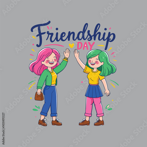 Friendship Day illustration, two cartoon women high fiving, colorful stylized characters, celebratory, cheerful, vector art style.