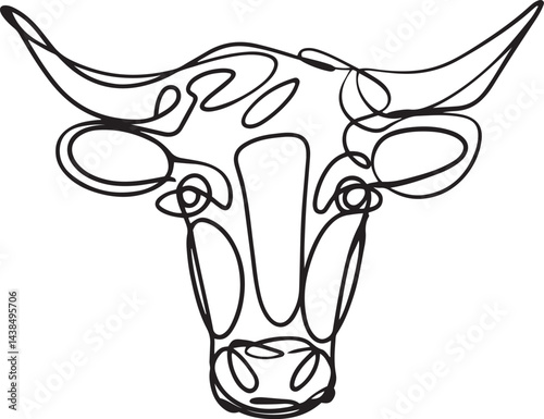Minimalist black linear continuous line art sketch of a horned cow head with wide set eyes and curved horns isolated on a clean white background in a rustic farm inspired style