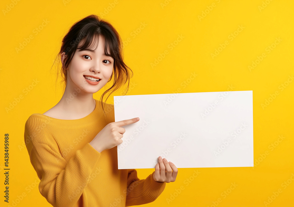 Smiling woman holding blank sign against bright yellow background Smiling woman holding blank sign against bright yellow background