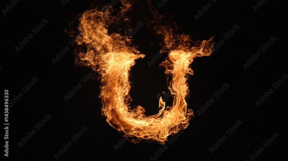 Fototapeta premium Fiery letter U, dark background, abstract design, graphic design