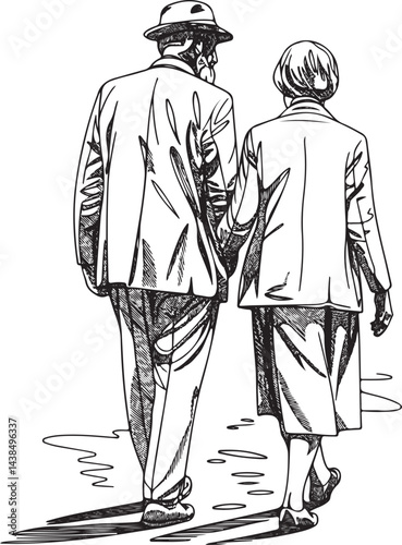 Minimalist black linear sketch of an elderly couple walking hand in hand along a tree lined path captured in a continuous line art drawing style perfect for love and life themes