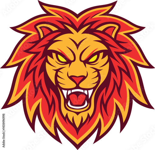  Fierce lion head logo with vibrant flame like mane and snarling expression for esports team